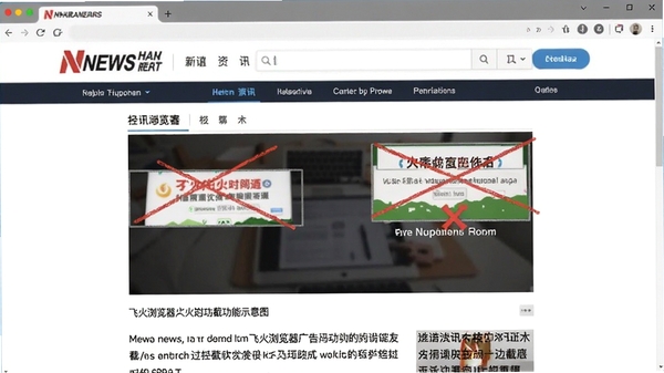 飞火浏览器广告拦截功能示意图，展示网页中广告位置被标记拦截，页面显示为纯净的正文内容，背景为新闻资讯网站界面