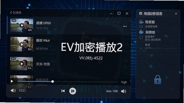 EV加密播放2主界面预览图，深蓝色科技感背景，主窗口显示视频列表与播放控制按钮，右侧有加密信息面板，整体风格简洁专业，画面中央显示EV加密播放2软件名称与版本号，细节包括进度条、音量图标与加密锁标识，光线柔和，真实截图风格
