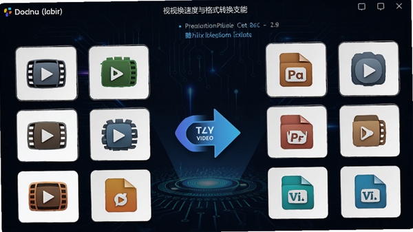 视频工具酷格式转换功能界面,列出多种视频格式图标,中间有转换箭头,背景为深色科技感风格,突出转换速度与多格式支持,显示软件名称