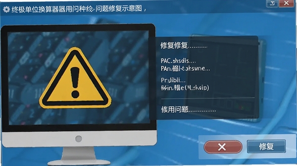 终极单位换算器使用问题修复示意图,画面展示一个电脑屏幕上有黄色警告三角图标,旁边列出修复选项菜单,背景为简洁的蓝色系统修复界面,风格专业清晰,带有关闭和修复按钮
