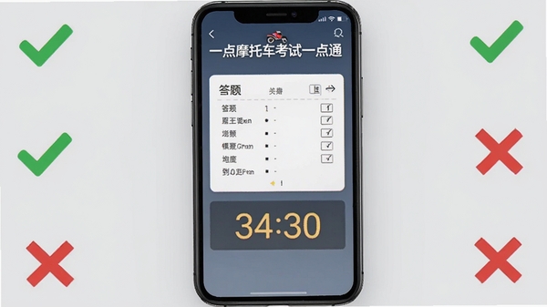 摩托车考试一点通模拟考试界面，显示答题卡和倒计时，屏幕上有摩托车考试一点通字样，背景为淡灰色，手机屏幕居中，四周有对勾和错叉图标，风格写实，光线柔和