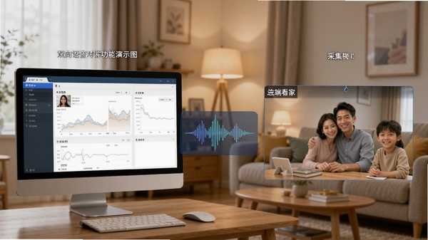掌上看家(采集端)双向语音对讲功能演示图,画面左侧为电脑端软件界面,右侧为远端观看画面,中间有语音波形动画,背景为温馨家庭场景,风格写实。