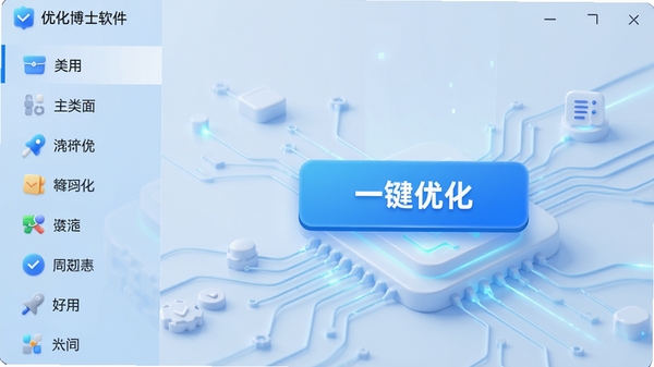 优化博士软件主界面截图,展示清晰的分类导航和醒目的“一键优化”按钮,背景为现代简约的浅蓝色科技风格,图标立体感强,整体画面明亮干净,突出软件的专业与易用性