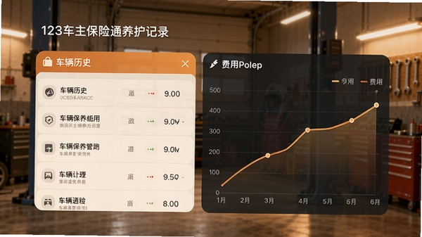 123车主保险通养护记录功能界面,展示车辆保养历史列表和费用统计折线图,背景为车库场景,画面柔和,突出数据管理功能,色调温暖