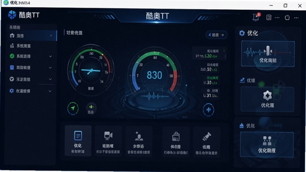 酷奥TT软件主界面预览图，展示清晰的系统状态仪表盘和优化功能按钮，背景为深蓝色科技感风格