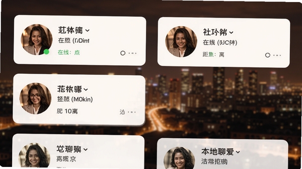 本地聊爱APP的主界面预览图,展示首页推荐用户列表,背景为模糊的城市夜景,前景是简洁的卡片式用户信息,带有在线状态和距离显示,整体色调温暖,风格现代,突出社交氛围