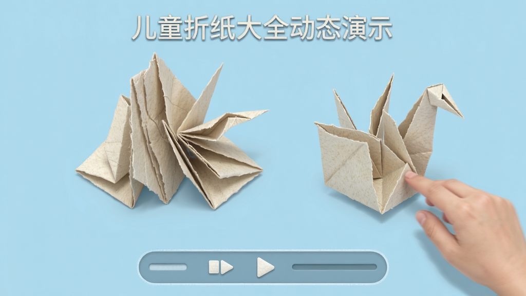 儿童折纸大全动态演示界面,3D纸张模型正在自动折叠,旁边有播放控制条,界面简洁,背景为浅蓝色,模拟真实纸张质感