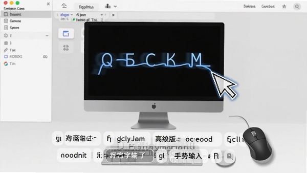鼠标打字(高级版)手势输入演示图,画面中鼠标指针划出字母路径,屏幕下方显示对应的文字候选框,背景为浅灰色工作界面,突出手指导航轨迹与文字生成过程,风格清晰直观。