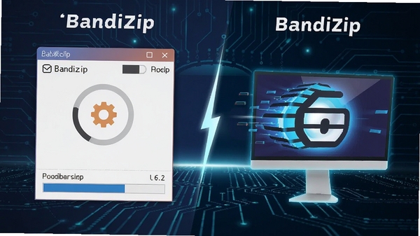 Bandizip压缩速率对比示意图,画面左侧显示传统软件解压进度缓慢,右侧显示Bandizip高速完成,背景采用科技感线条,突出速度优势