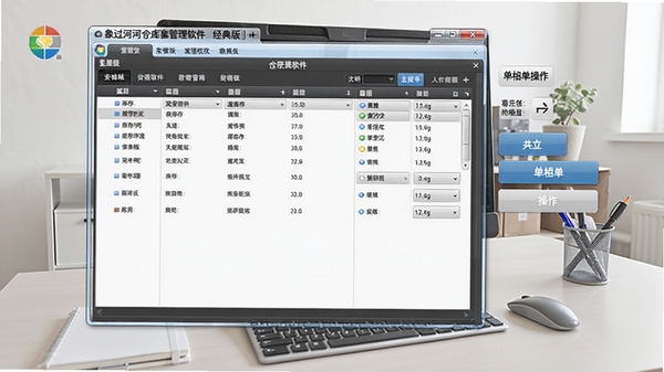 象过河仓库管理软件经典版运行主界面截图，展示清晰的菜单栏、库存列表和单据操作按钮，背景为整洁的办公桌面环境，整体风格简洁明亮