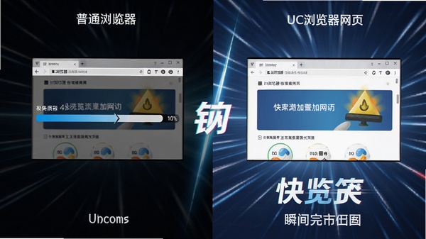 UC浏览器极速加载网页的对比效果图,左侧为普通浏览器加载缓慢的进度条,右侧为UC浏览器瞬间完成加载的画面,背景采用速度线条与光效,突出“快”的感受
