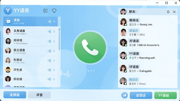 YY语音主界面预览图，展示频道列表、好友聊天窗口和底部功能按钮，整体风格简洁明亮，背景为浅蓝色渐变，突出语音通话功能图标