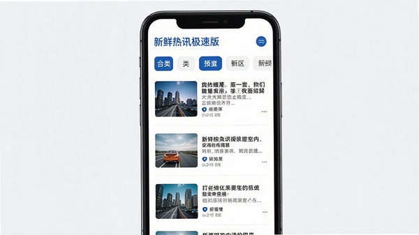 新鲜热讯极速版主界面预览图，手机屏幕展示新闻列表，顶部有分类标签栏，背景为简洁白色，搭配蓝色主题色，整体风格现代清爽，信息层级分明，适配移动端竖屏展示
