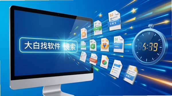 大白找找软件极速搜索功能示意图，画面中显示输入关键词后瞬间出现大量文件结果，背景有速度线条和计时器元素，体现快速高效，色彩明亮，风格写实