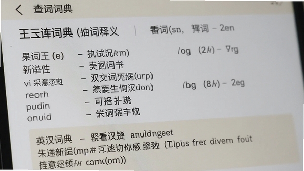 英汉词典王查询单词释义的界面特写，展示详细的词条内容、音标、词性和多个中文释义，配有例句区域，界面布局清晰易读