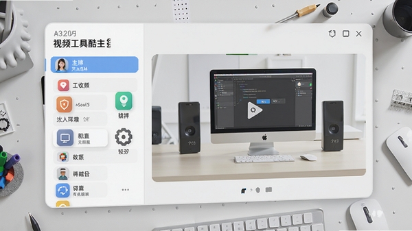 视频工具酷主界面展示,左侧功能列表,右侧预览窗口,整体界面简洁明亮,现代风格,色彩搭配舒适,显示软件名称和主要功能图标,背景为浅灰色工作台,细节清晰