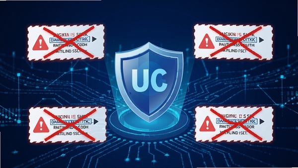 UC浏览器安全防护示意图,画面中央为盾牌图标,周围环绕着被拦截的恶意链接警告提示,背景为蓝色数据流网络,整体风格科技感强且色调沉稳