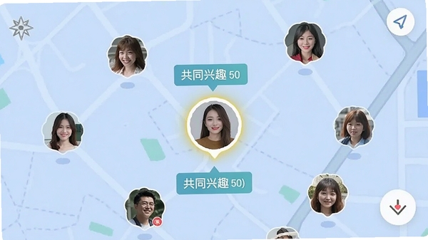 本地聊爱APP的匹配界面截图,展示地图上多个用户头像标记,其中一个高亮显示,周围有距离和共同兴趣标签,背景为淡蓝色地图网格,界面简洁直观,突出同城定位功能