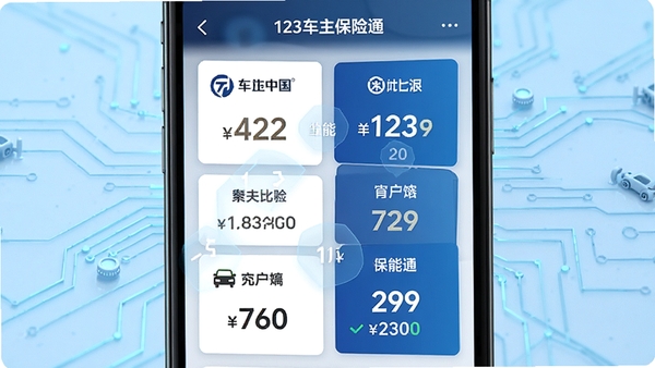 123车主保险通智能比价功能截图,手机屏幕上显示多个保险公司报价卡片,价格对比醒目,背景为浅蓝色科技感线条,突出数据清晰与对比直观,整体风格专业可信