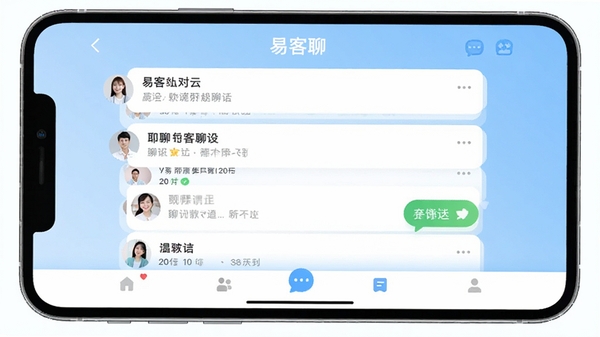 易客聊主界面预览图，展示对话列表与底部导航栏，背景为浅蓝色渐变，整体风格简洁明亮，突出聊天应用的社交属性