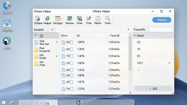VShare Helper 软件主界面截图,展示清晰的工具栏与文件传输列表,背景为现代化的浅灰色桌面环境,整体画面干净明亮,突出软件的易用性与专业感