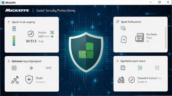 迈克菲全面安全保护套装软件主界面预览图，展示简洁的仪表盘风格，中央有防护状态标识，四周分布功能模块，背景为深蓝色科技感氛围