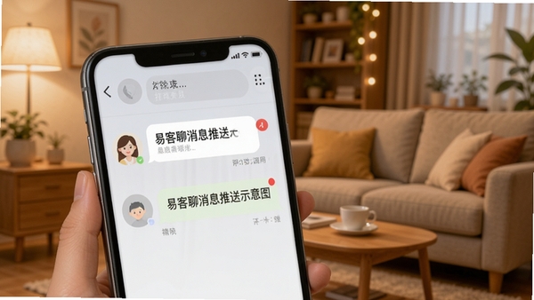 易客聊消息推送示意图，手机屏幕上显示好友发来的文字气泡和未读红点，背景为温馨的客厅场景，强调即时通讯的快捷与便利