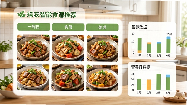 绿农智能食谱推荐页面,展示一周食谱规划表,配有色香味俱全的家常菜实拍图,旁边有营养数据柱状图,背景为现代厨房环境,画面温馨明亮,突出健康饮食的便捷性。