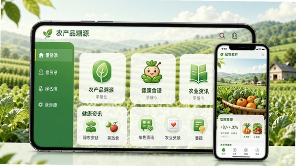 绿农软件主界面预览图,展示绿色田园风格背景,界面包含农产品溯源、健康食谱、农业资讯等模块图标,整体色调清新自然,配有手机模型展示,画面明亮通透,细节丰富,契合绿色生活主题。