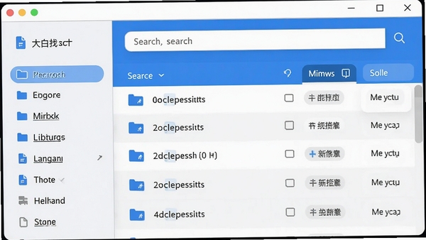 大白找找软件主界面预览图，一款电脑文件搜索工具，界面干净整洁，左侧分类栏，右侧搜索结果列表，上方搜索框，整体风格现代简约，蓝色主色调，高清渲染图