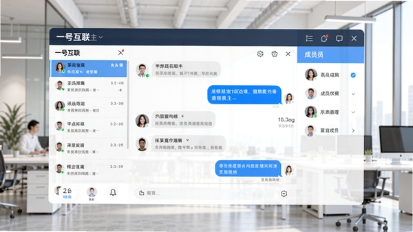一号互联主界面预览图,显示左侧会话列表、中间聊天窗口和右侧成员面板,整体风格简洁明亮,背景为现代办公场景,高清渲染