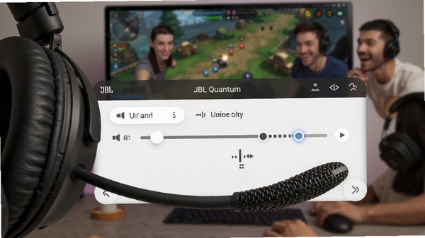 JBL Quantum应用语音聊天平衡调节界面，耳机麦克风特写，音量滑块与平衡条可视化，背景为多人游戏语音场景，界面简洁明了