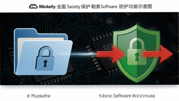 迈克菲全面安全保护套装勒索软件防护功能示意图，画面左侧是锁定的文件夹图标，右侧是绿色盾牌拦截红色攻击箭头，背景为深色电路板纹理