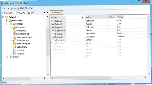 Microsoft XML Notepad 主界面预览图，左侧树形节点，右侧属性值，双窗格布局，界面简洁清晰，背景为淡蓝色窗口边框，整体风格为现代Windows桌面软件样式