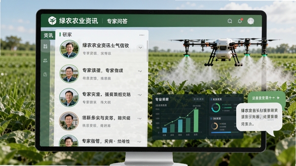 绿农农业资讯和专家问答界面,屏幕展示资讯列表和专家头像,背景为农田与无人机植保场景,画面带有数据图表和对话气泡,色调自然,突出信息丰富和专业指导。