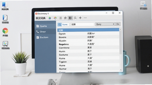 英汉词典王电脑版主界面预览图，显示简洁的工具栏和查询窗口，背景为整洁的电脑桌面，词典窗口呈现单词释义列表，整体风格清爽明亮