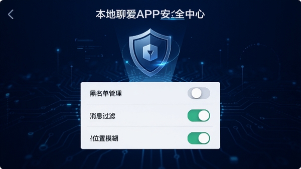 本地聊爱APP的安全中心页面,展示隐私设置选项,包括黑名单管理、消息过滤、位置模糊等功能开关,背景为深蓝色科技感图案,配有盾牌图标,整体风格严肃专业,强调安全保护