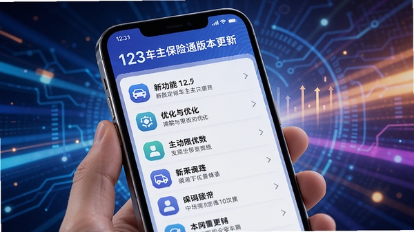 123车主保险通版本更新界面,手机屏幕上显示更新日志列表,背景为科技感光效,色彩明快,突出新功能与优化内容,整体氛围积极向上