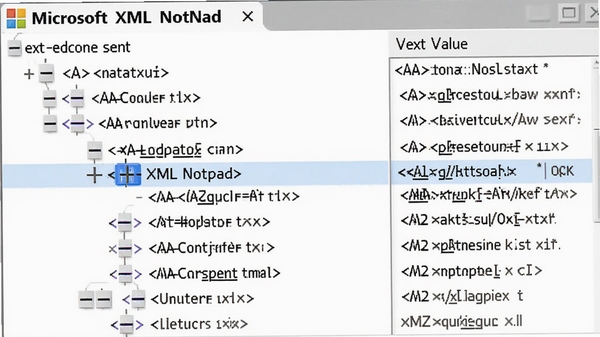 Microsoft XML Notepad 树形节点展开效果图，展示多级嵌套的XML元素，节点前有加减号图标，高亮显示当前选中节点，右侧显示对应的文本值，界面配色为白色背景与黑色文字