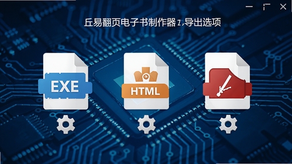 丘易翻页电子书制作器导出选项设置界面,显示EXE、HTML、PDF三种输出格式图标,背景为科技感蓝色电路板纹理,图标下方有设置齿轮,突出多格式导出功能的便捷性