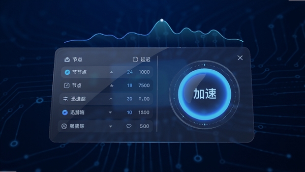迅游国际版主界面3D概念图，深蓝色科技感背景，中央悬浮半透明玻璃质感控制面板，左侧显示节点列表与延迟数据，右侧大圆环加速按钮散发蓝色光效，顶部有网络波动曲线，整体风格现代简洁，画质高清，8K渲染