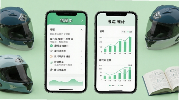 摩托车考试一点通功能展示图，手机屏幕内显示错题本和统计图表，背景为浅绿色，周围有摩托车头盔和书本元素，风格清新，高清渲染
