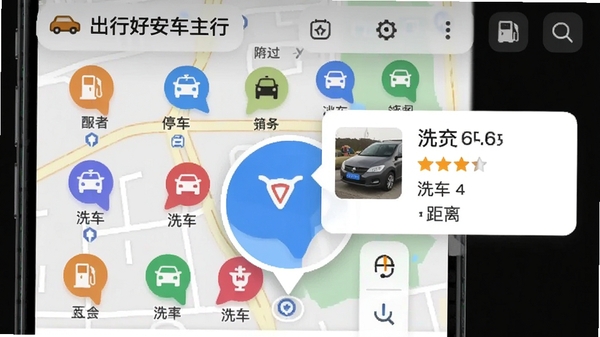 出行好安车主行的附近服务页面,地图上分布着加油站、停车场、洗车店等彩色图标,其中一两个被放大突出显示,并弹出商家详情卡片,包含评分与距离信息,背景为手机屏幕截图风格,整体视觉信息丰富但不杂乱