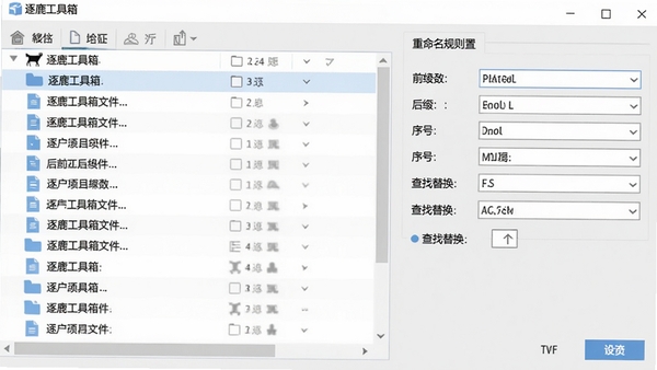 逐鹿工具箱文件批量重命名操作界面，左侧是文件列表，右侧是重命名规则设置面板，包含前缀后缀、序号、查找替换等选项，界面简洁，操作逻辑清晰，背景为浅灰色调，突出功能实用性