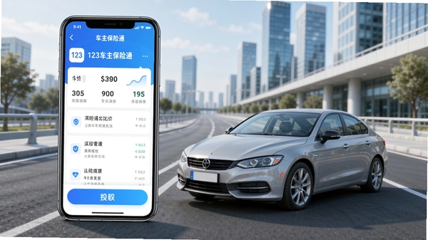 123车主保险通App主界面展示,手机屏幕显示车险比价列表和投保按钮,背景为现代化城市道路和一辆家用轿车,画面明亮清晰,突出保险服务的便捷与智能化,适合作为软件介绍首图