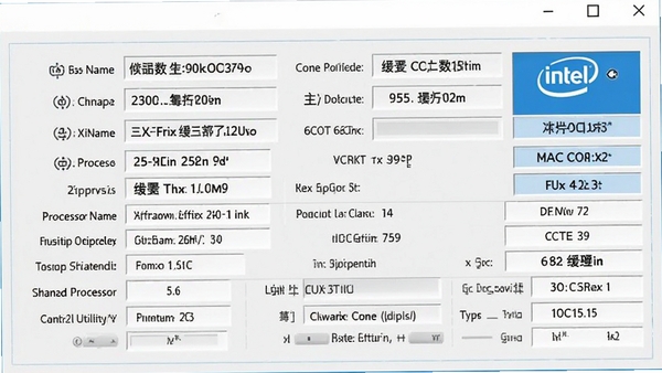 Intel英特尔Processor Identification Utility工具详细规格检测界面截图，清晰展示处理器名称、核心数、主频、缓存等信息，表格形式呈现，背景为浅灰色系统界面