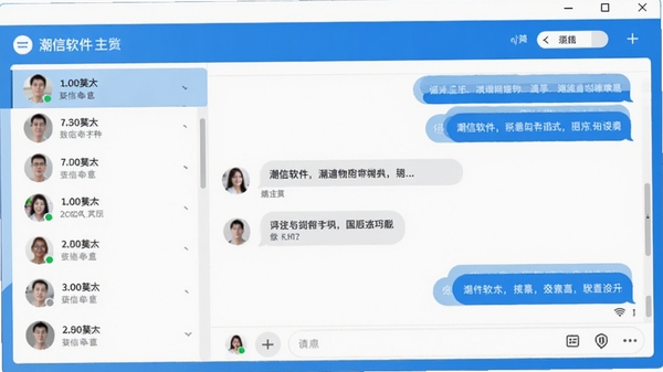 潮信软件主界面预览图，展示简洁的聊天窗口布局，左侧为联系人列表，右侧为对话区域，整体风格清爽，色彩以蓝白为主，体现高效沟通氛围