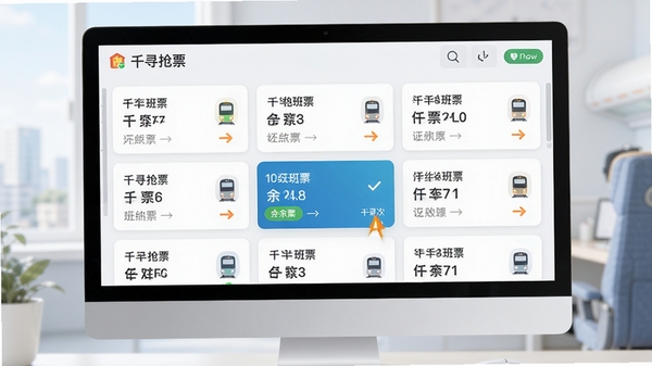 千寻抢票多车次监控功能示意图，画面中显示一个电脑屏幕，屏幕上排列着多个列车班次卡片，其中一张卡片显示有余票提示，整体色调明亮清晰，包含千寻抢票软件界面元素