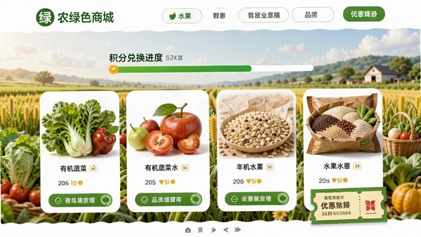 绿农绿色商城页面,展示有机蔬菜、水果、杂粮等商品卡片,配有积分兑换进度条和优惠券样式,背景为丰收田野,画风清新,突出购物实惠与品质保障。