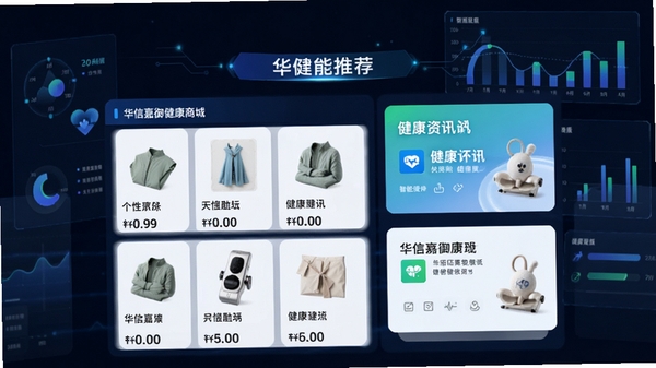 华信嘉御健康商城智能推荐界面,展示个性化商品列表与健康资讯卡片,背景有数据图表元素,风格科技感,突出智能匹配与健康管理主题